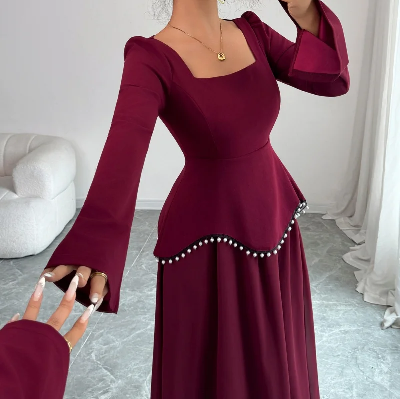 

Customized Women's Long Sleeve Dress Solid Color Square Neck Elegant Pearl Patch Slim Fit Long Skirt