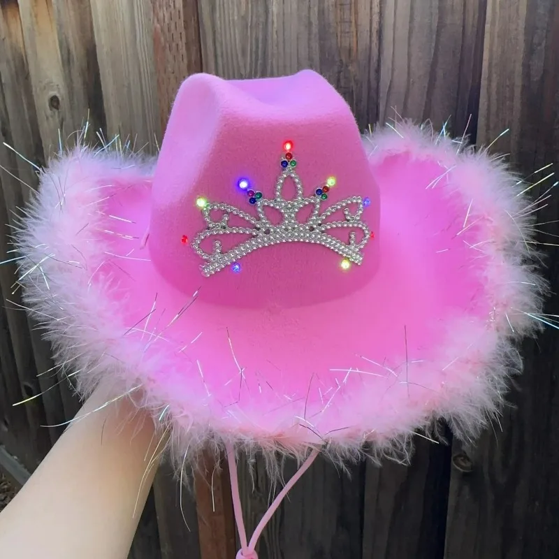 Fashion Crown Western Hat Caps for Women Girls Cowgirl Tiara Feather Felt Sequin Cowboy Cap Party Caps Halloween Cosplay Props