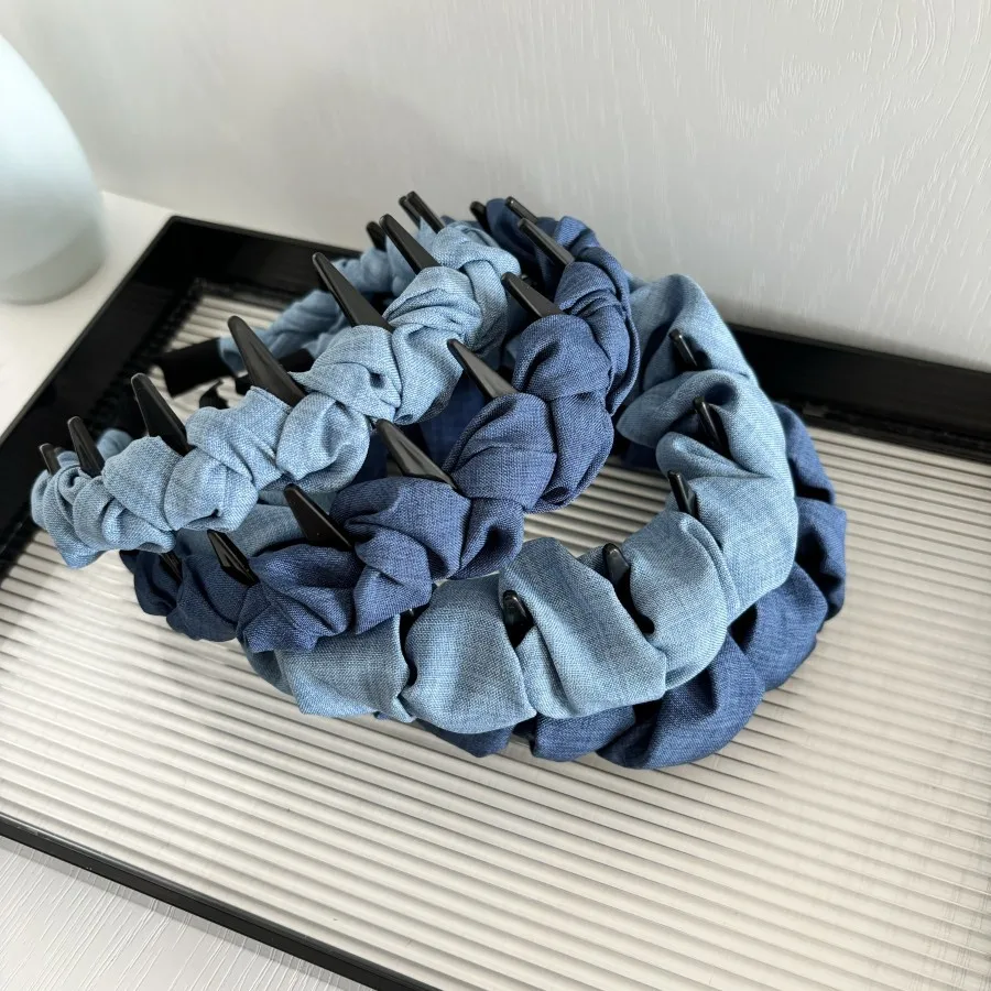 

Wave Design Denim Headband High Crown Non Slip Teeth for Women Daily Face Washing Flyaway Hair Control Hair Hoop