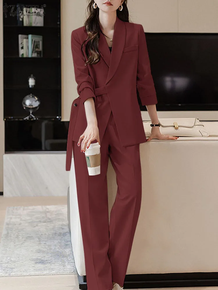 ZANZEA Elegant Women Blazer Suits 2PCS Fashion Long Sleeve Tops Trousers Suits Tracksuit Casual Solid OL Work Wide Leg Pant Sets