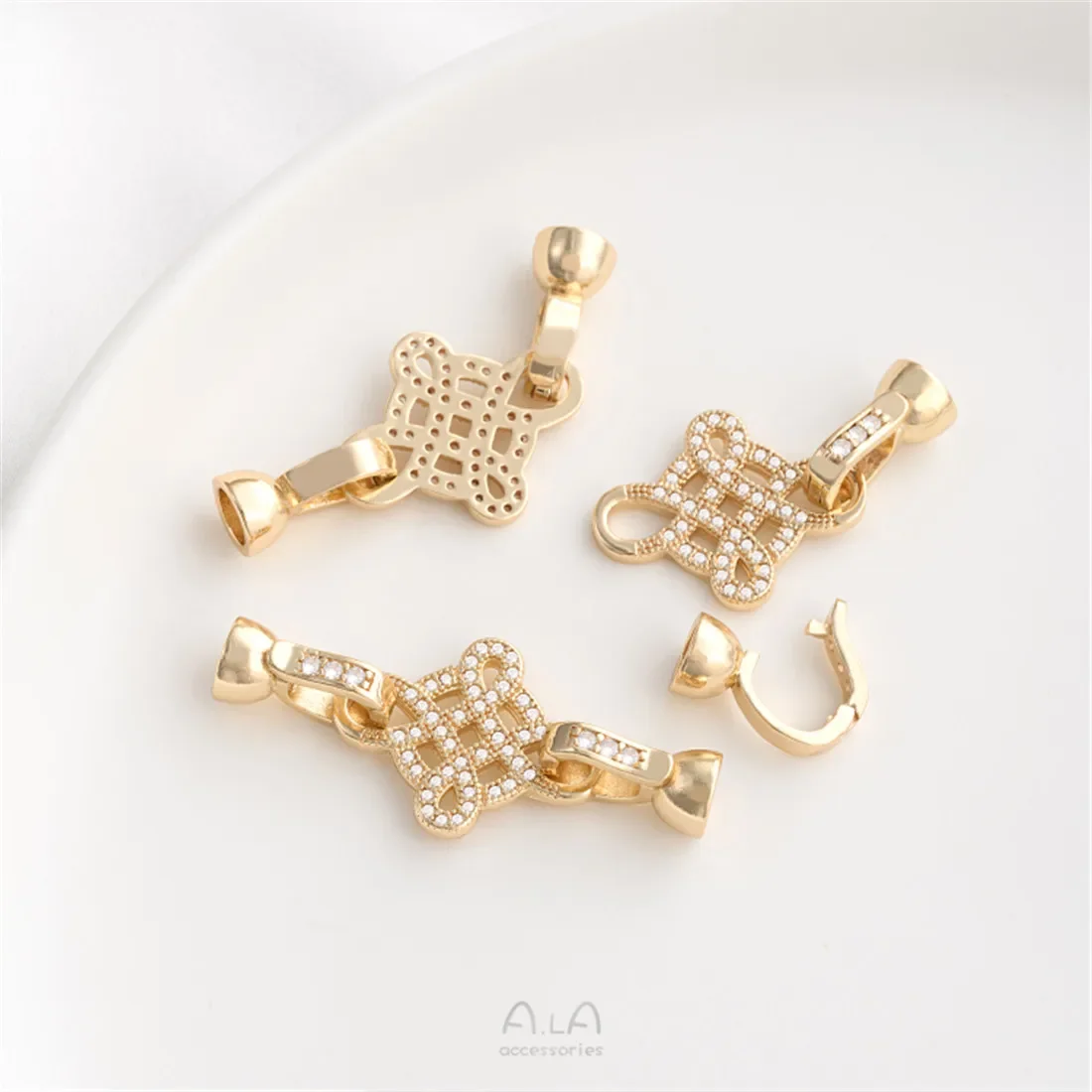 

14K Gold Wrapped Zircon Round 8-shaped Chinese Knot Pearl Buckle DIY Pearl Necklace Connecting Buckle Accessories C019