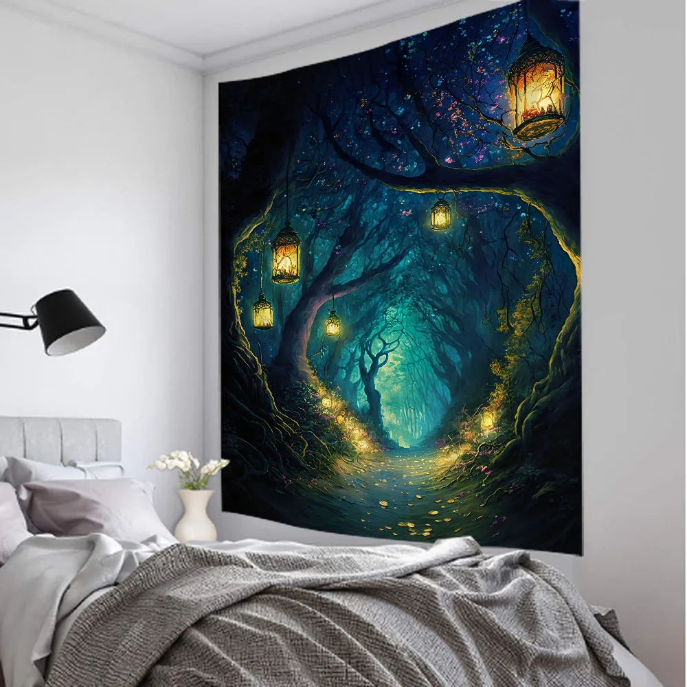 

Psychedelic tree landscape tapestry wall hanging forest mushroom flower home wall decoration bedroom aesthetic background cloth