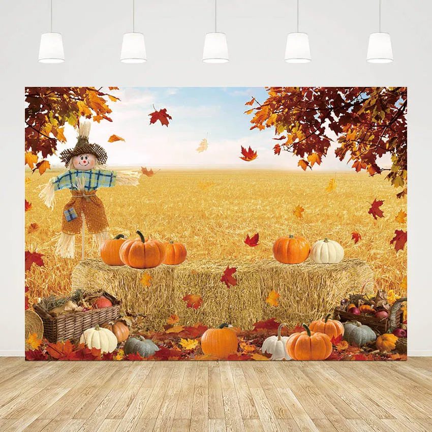 Autumn Maple Forest Fallen Leaves Haystack Pumpkin Landscape Decoration Photography Background Scarecrow Backdrop Photo Studio