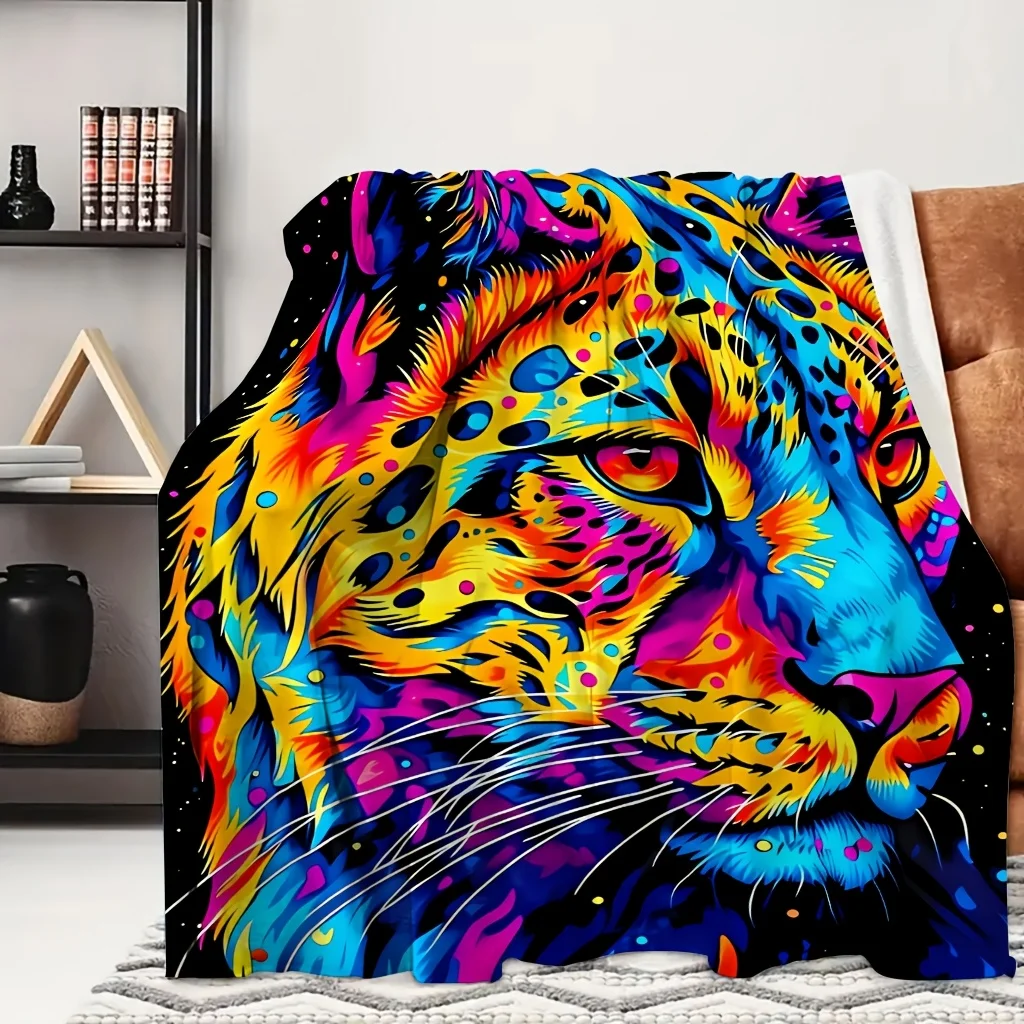 1pc Rainbow Pop Art Leopard Neon Wild Animal Portrait Print Flannel Blanket, Portable And Practical, Suitable for Blankets, Bed