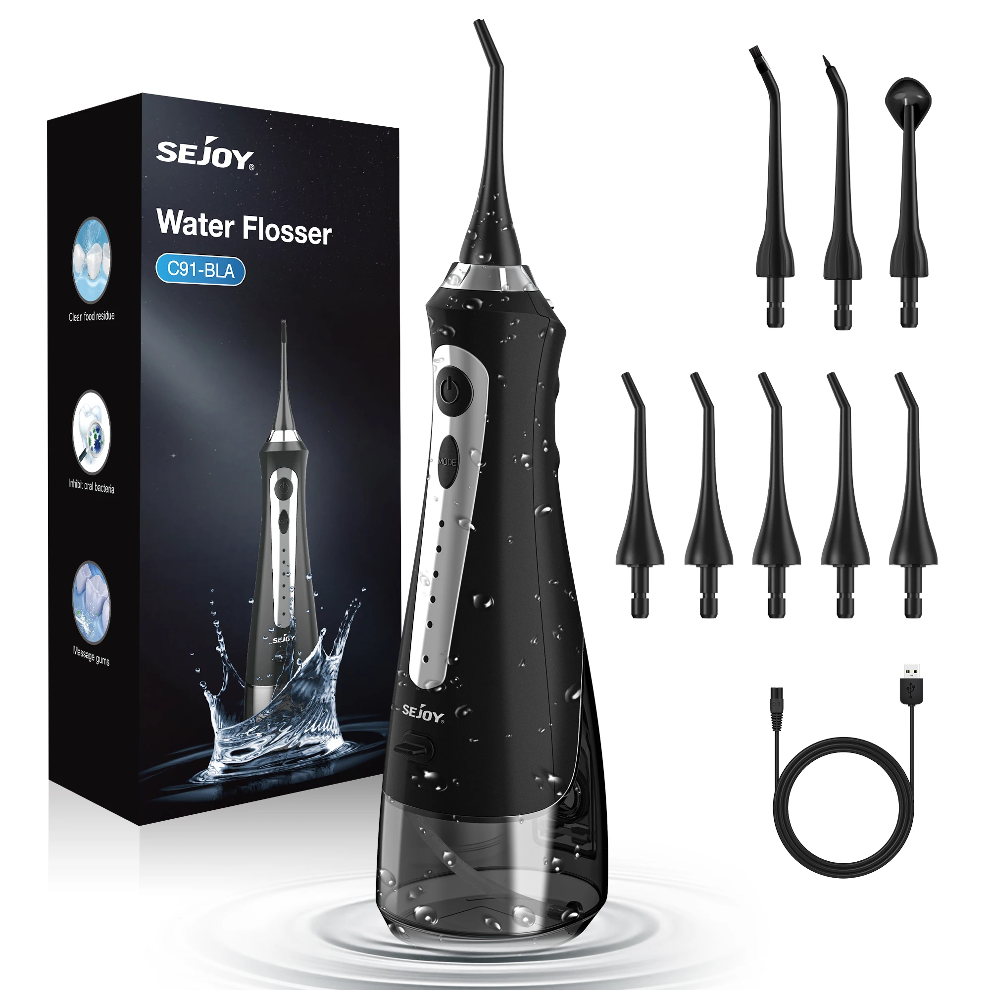 Sejoy Portable Electric Water Flosser Oral Irrigator Dental Teeth Whitening strips 230ML Tank 5 Modes 5 Jet Tips For Home Travel
