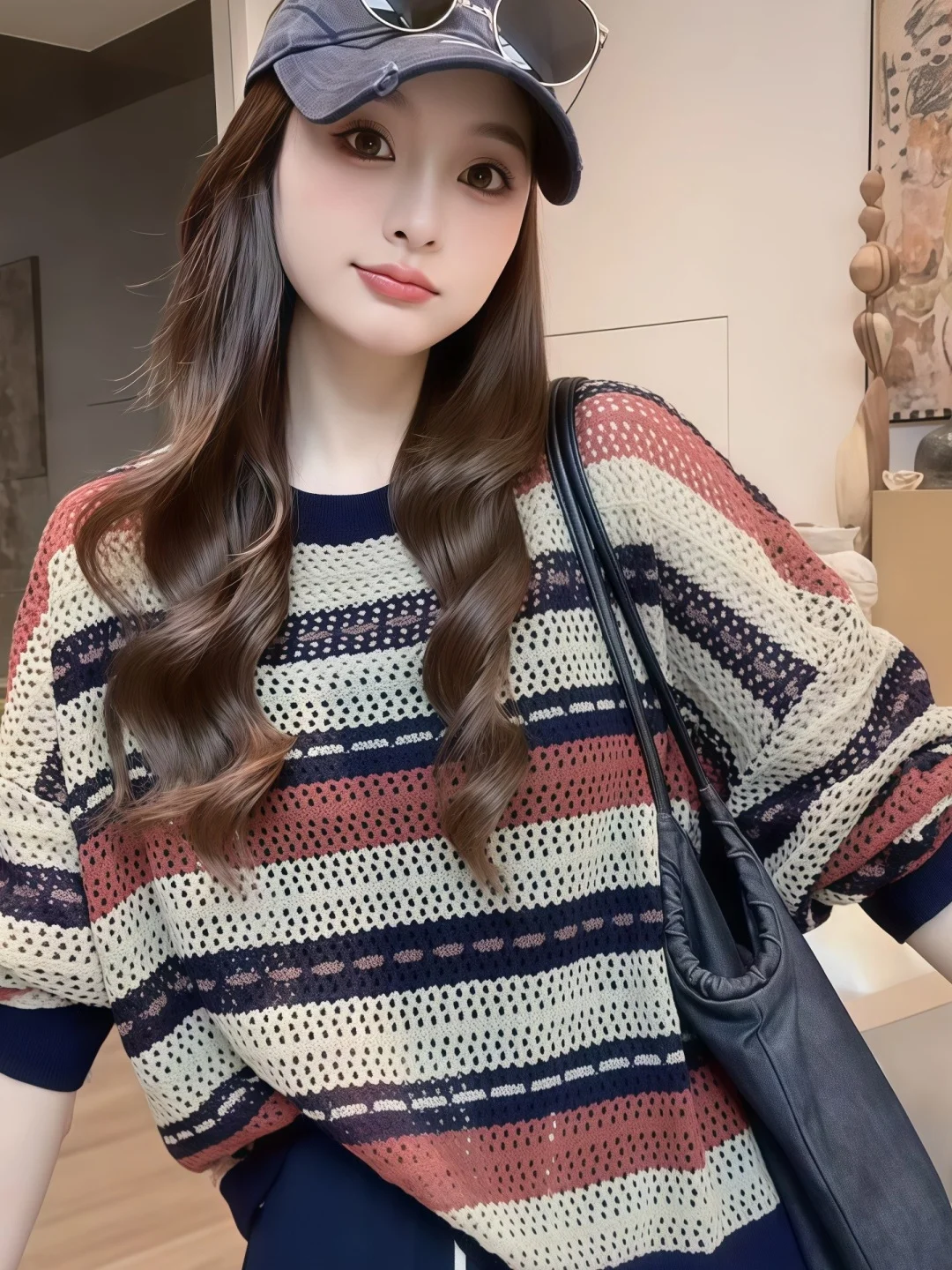 Faionable High-End Color Blo Hollow Suéter de malha feminino plus size Sli versátil Ele Top retrô solto ajuste longo...