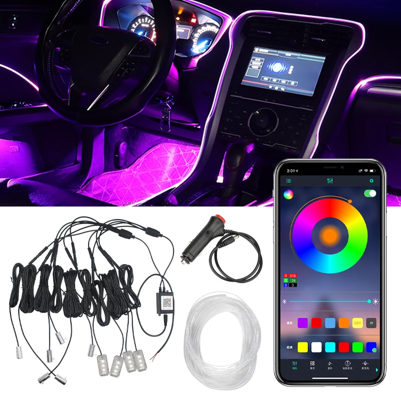 

10 IN 1 Car Interior Light RGB Colorfu EL Neon RGB Fiber Optic Strip Light 8m by APP Control car Dashboard Door Atmosphere light