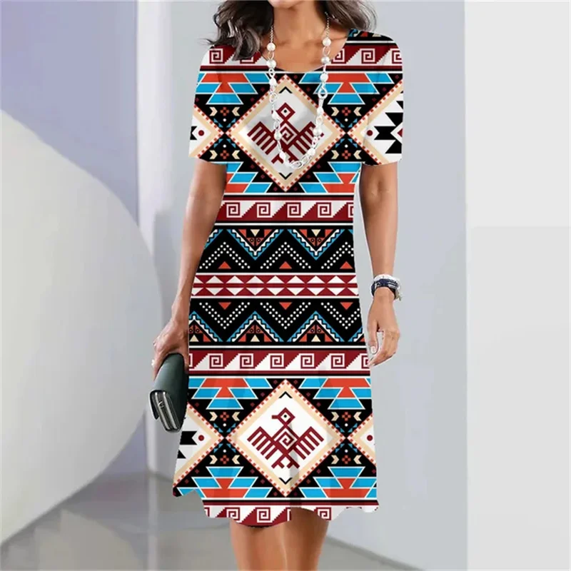 

Spring Summer Colorful Southwestern Tribal Print Short Sleeve Mini Dress Casual Fashion O-Neck Holiday Dresses For Women Clothes