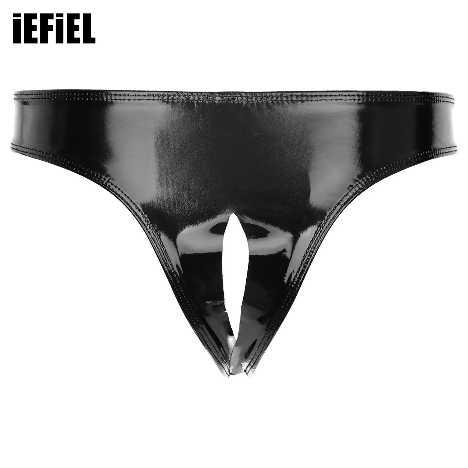 

Mens Wet Look Patent Leather Open Crotch Thong Low Rise High Cut Mini Briefs Underwear Club Stage Performance Costume