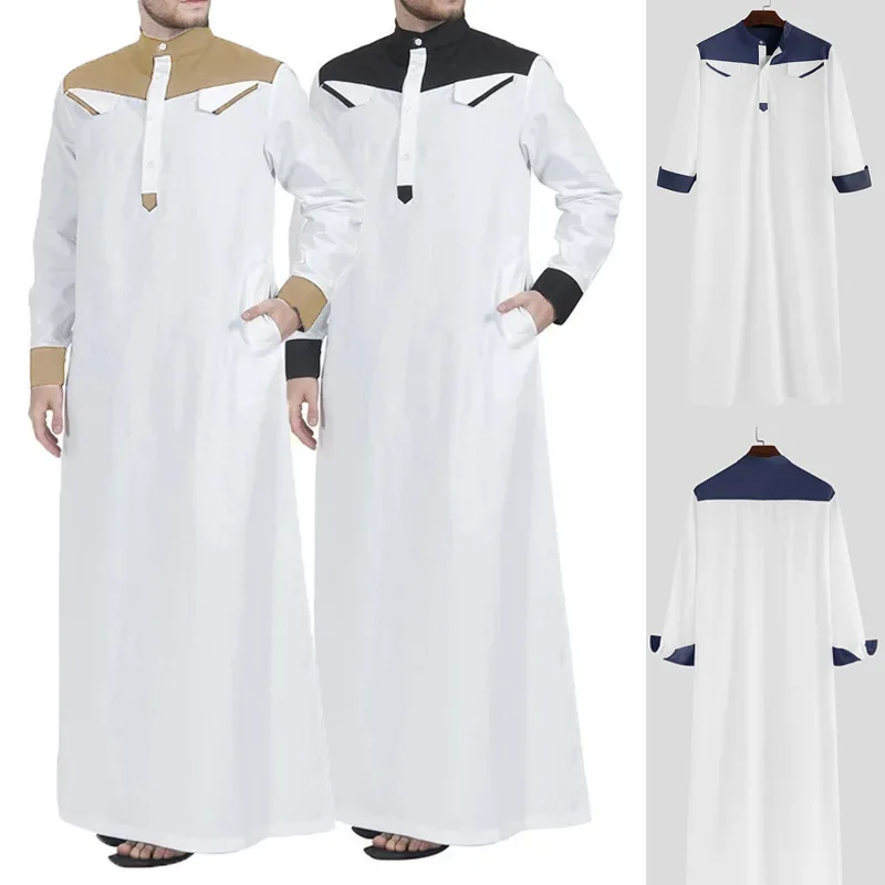 Traditional Muslim Clothing Contrast Color Muslim Dress Middle East Jubba Thobe Men Robe Long Sleeves Stand Collar Abaya