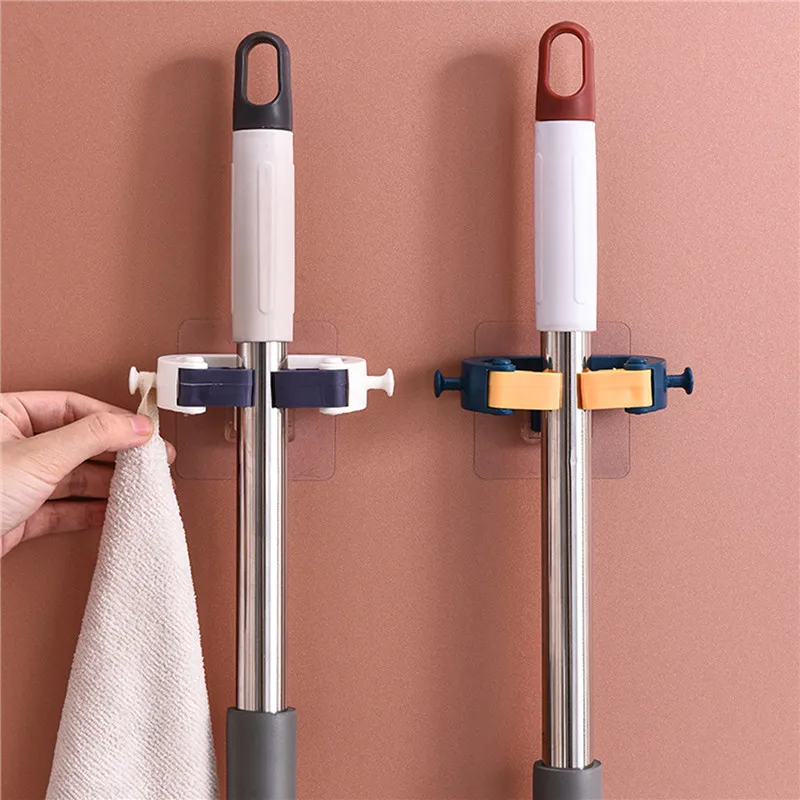 1pc No Punching Mop Broom Holder Rack Grippers Clips Wall Mount Home Appliance Multi-Purpose Hooks Kitchen Bathroom Organizer