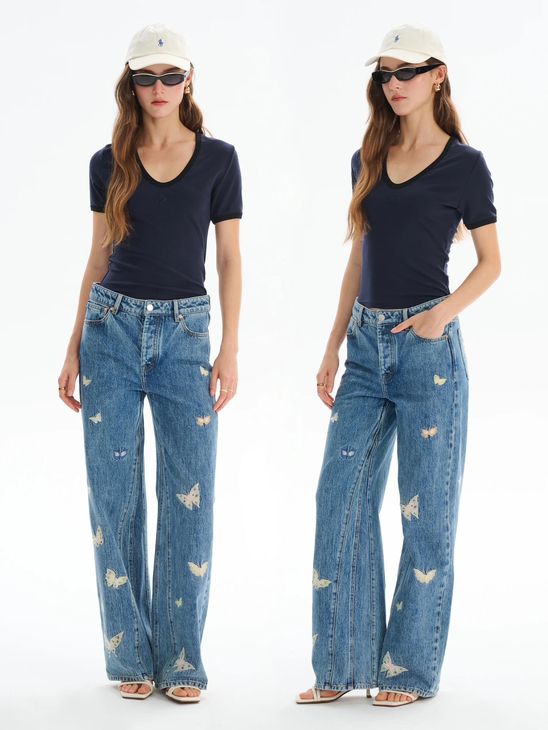 

MAIMAI Embroidery Waed Blue mid Waist Straight Leg Jeans Casual Sle Wide Leg Pants Cotton Fabric Loose Fit