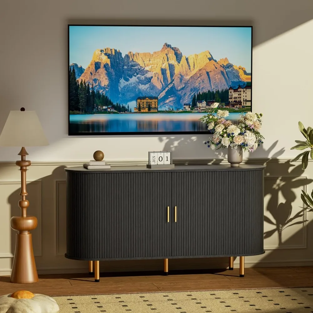 収納付きサイドボードビュッフェキャビネット、タンブールスライドドアと調節可能な棚付き、アクセントコーヒーバーコンソールテーブル