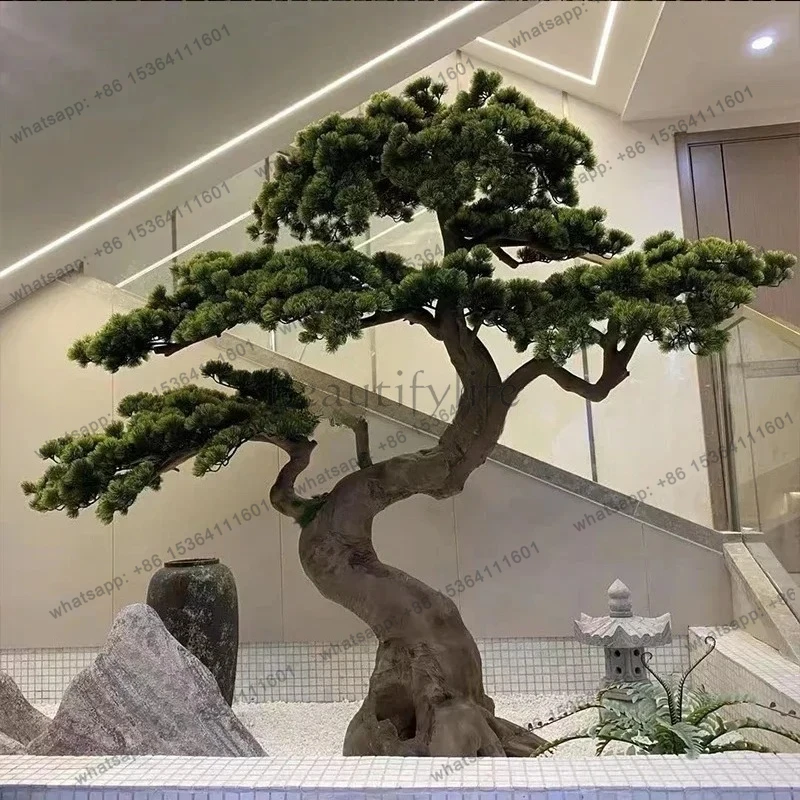 jj58 New Chinese style simulated welcome pine pine shape solid wood root carving fake tree hotel entrance landscaping