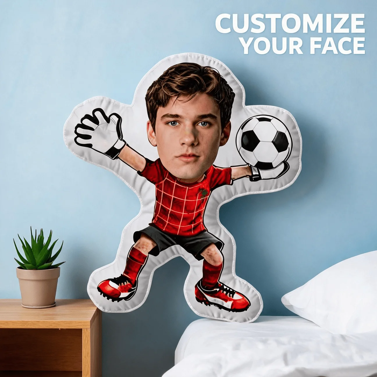Custom Photo Soccer Goalkeeper Shaped Pillow, Personalized Face Red Jersey Decorative Cushion, Unique Home Decor Accent for Sofa