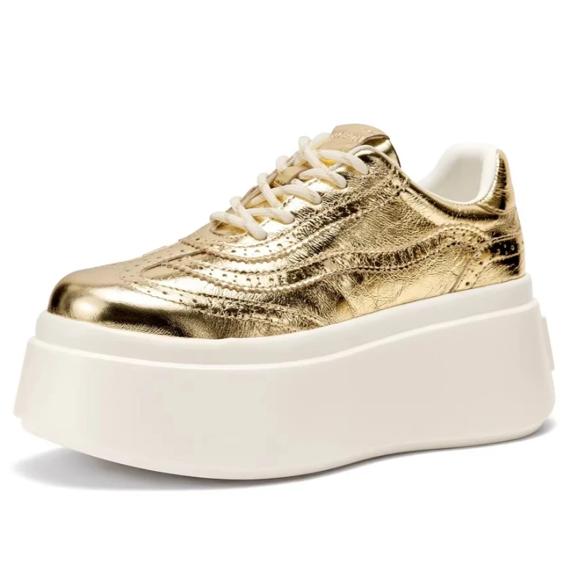 

Ретро-модные золотистые повседневные туфли для женщин из натуральной кожи на толстой подошве, увеличивающие рост, удобные тренировочные туфли