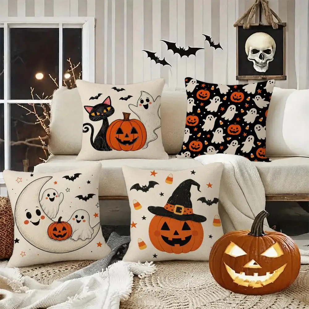 Glitter Ghost Pumpkin Halloween Cushion Cover Halloween Rustic Throw Pillow Covers, Cute Ghost Pumpkin Maple Leaf Cushion Covers
