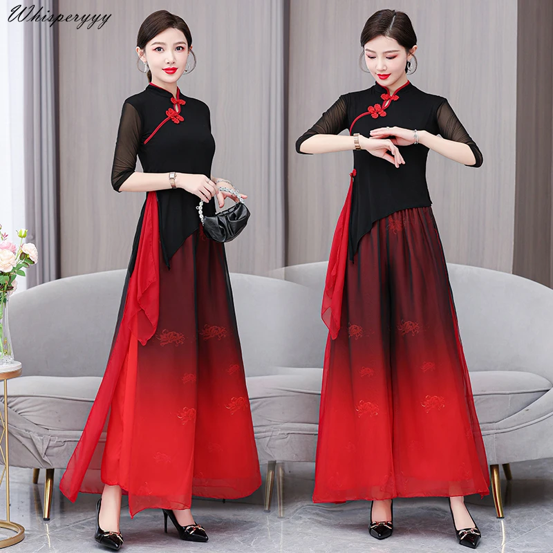 Ethnic Costume Black Dance Dress Female Gauze Dress Suit Chinese Style Fashion Set Vintage Ao Dai Vietnam Traditional Dress