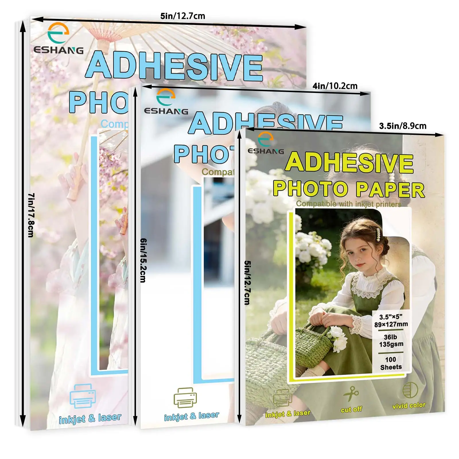 5 Inch/6 Inch/7 Inch Glossy Adhesive Photo Paper 100 Sheets Sticker Paper for Inkjet Printers DIY Stickers Labels Photos Covers
