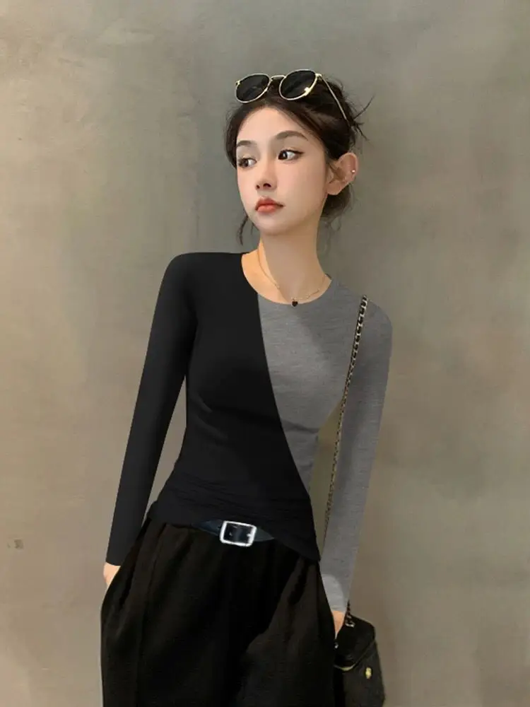 2025 New Model Modal Autumn and Winter Black Spliced long-sleeved Base Shirt for Women with Knitted Slim Body