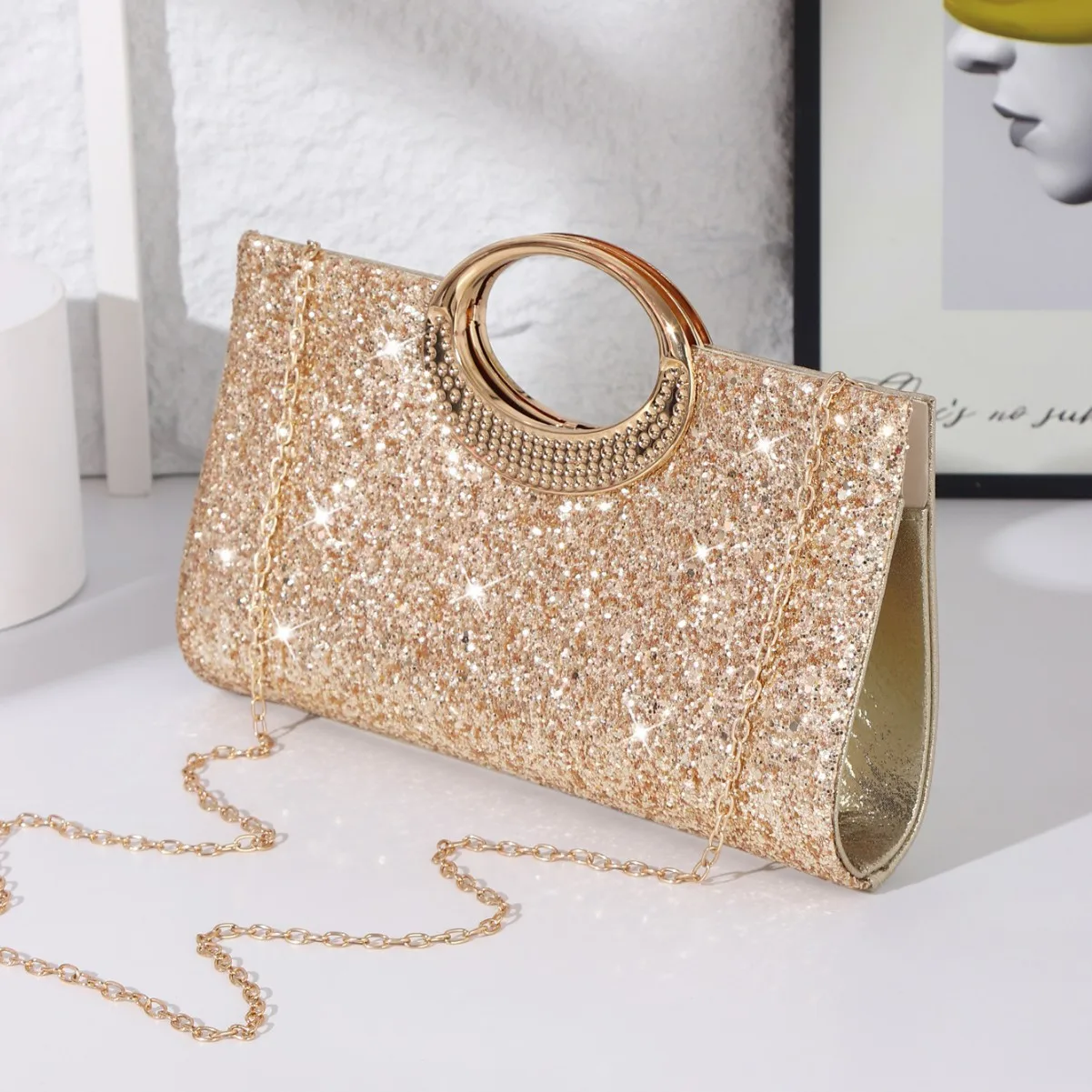 

Fashion Golden Shining Drill Chain Shoulder Bags Simple Retro Big Round Circles Handbags For Women Prom Party Evening Bags purse