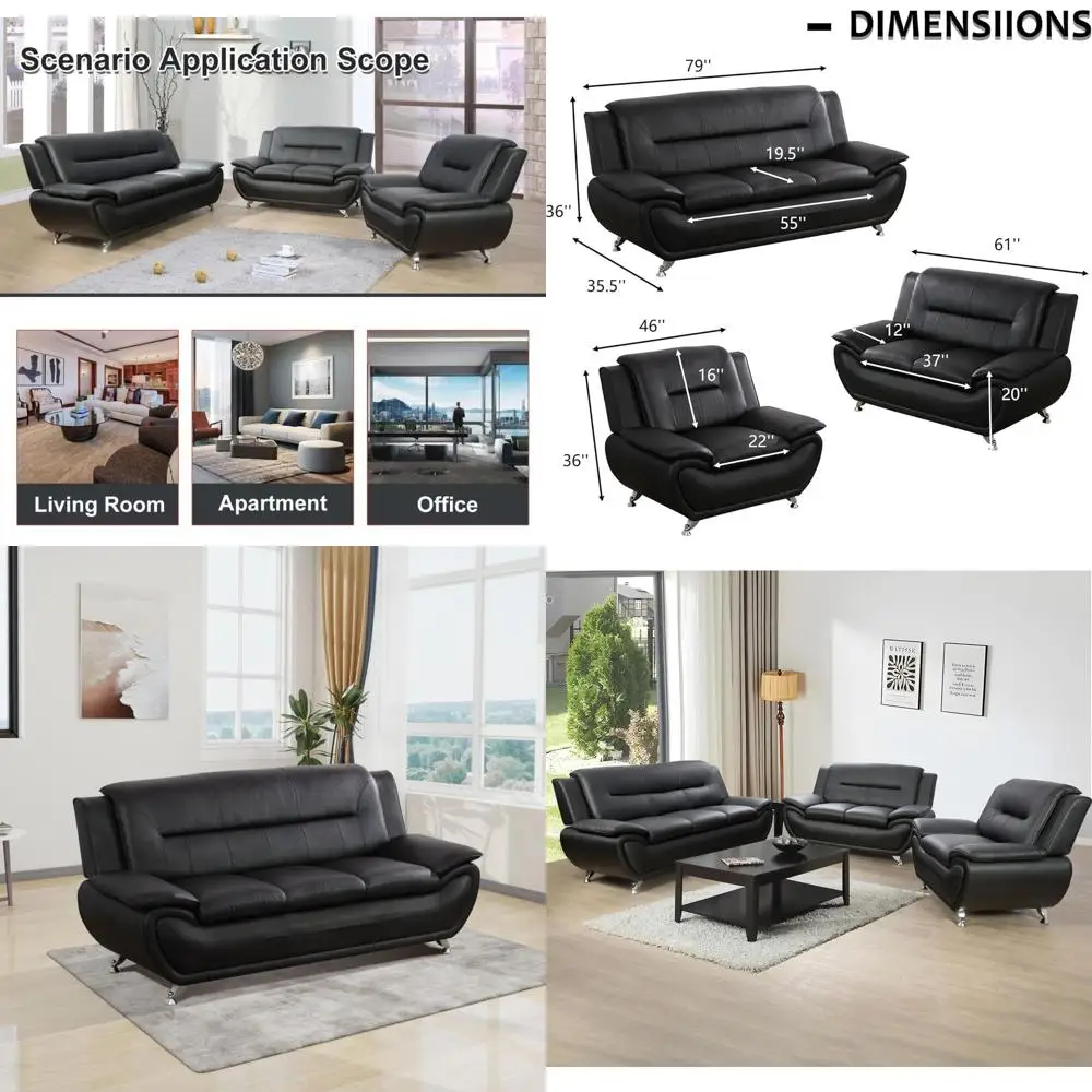 

Black Leather Soa Set with Loveseat and Chair, 3 Piece Living Room urniture, Black Couch Set or Living Room/Aparent/Oice (Black)