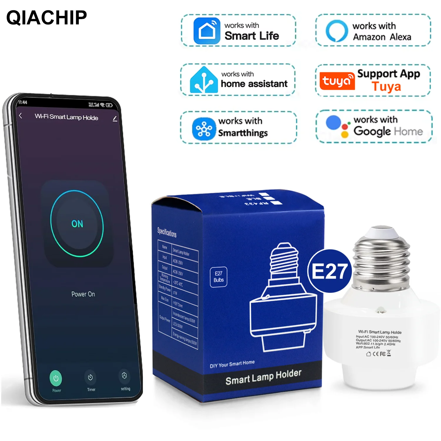 QIACHIP Tuya Smart E27 Socket Switch APP Control Timer Works With Smart Life Alexa Google Home AC 110V 220V Bulb Holder Adapter