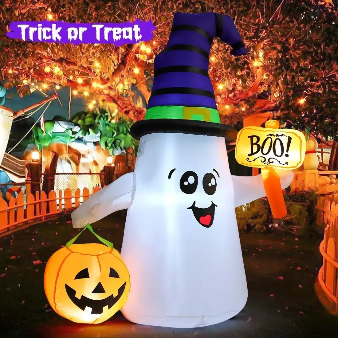 Outdoor Decorations Blow Up Yard Cute Wizard Ghost with Pumpkin with Built-in LEDs for Garden Lawn Indoor Party Holiday Decor