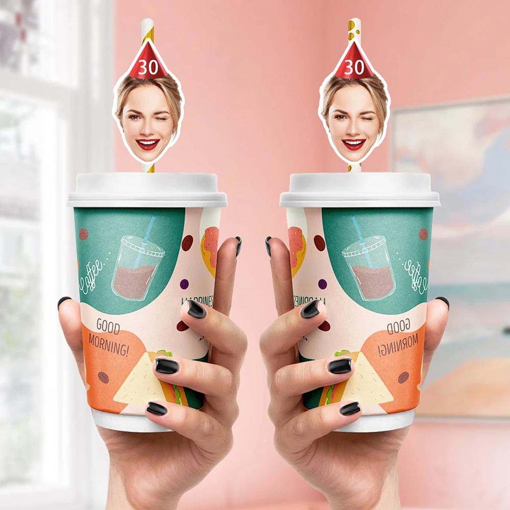 

50/100/150Pcs Custom Face Photo Hat Paper Straws Birthday Carnaval Party Decoration Wedding Bridal Baby Shower Straw