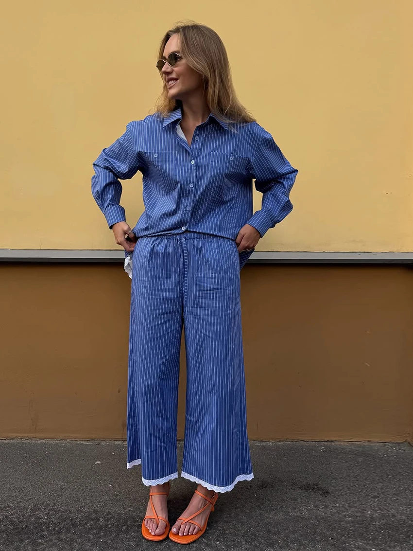 

Marthaqiqi Lace Ladies Nightwear 2 Piece Set Long Sleeve Nightgowns Turn-Down Collar Pajamas Pants Striped Female Sleepwear Suit