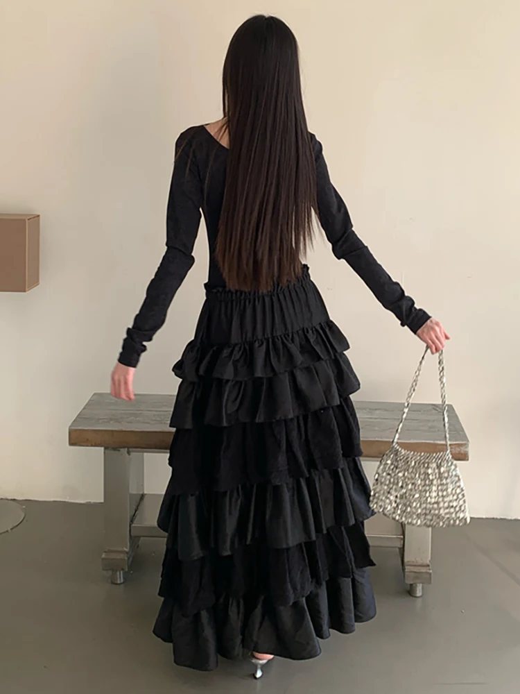 Roriri retro ponto em camadas plissado bolo vestido feminino diamante colher pescoço mangas compridas magro vestido longo coreano outono inverno roupas