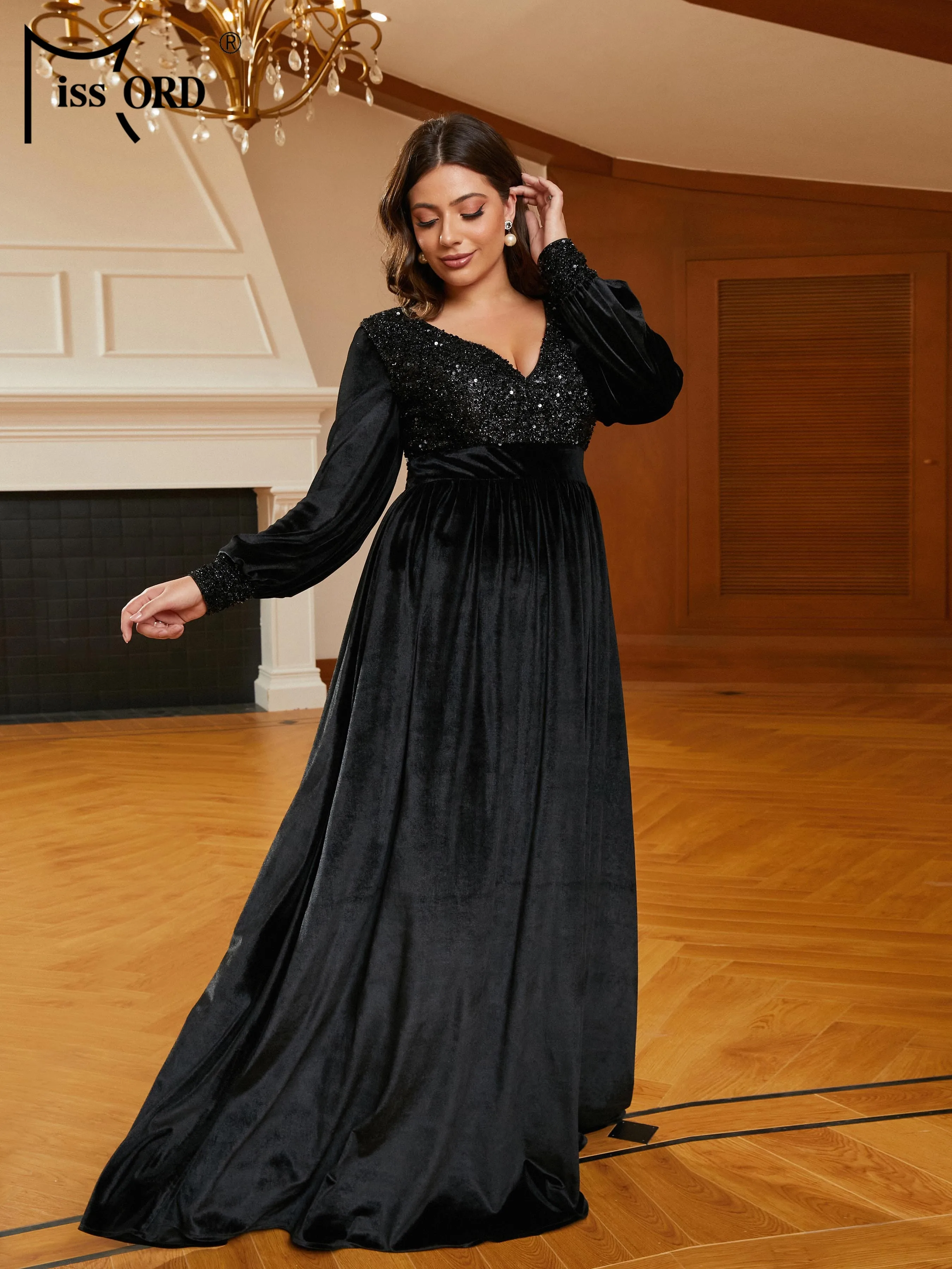 Missord New Plus Size Sequin Black V-Neck Long Sleeve  A-line Prom Evening Formal Occasion Dresses