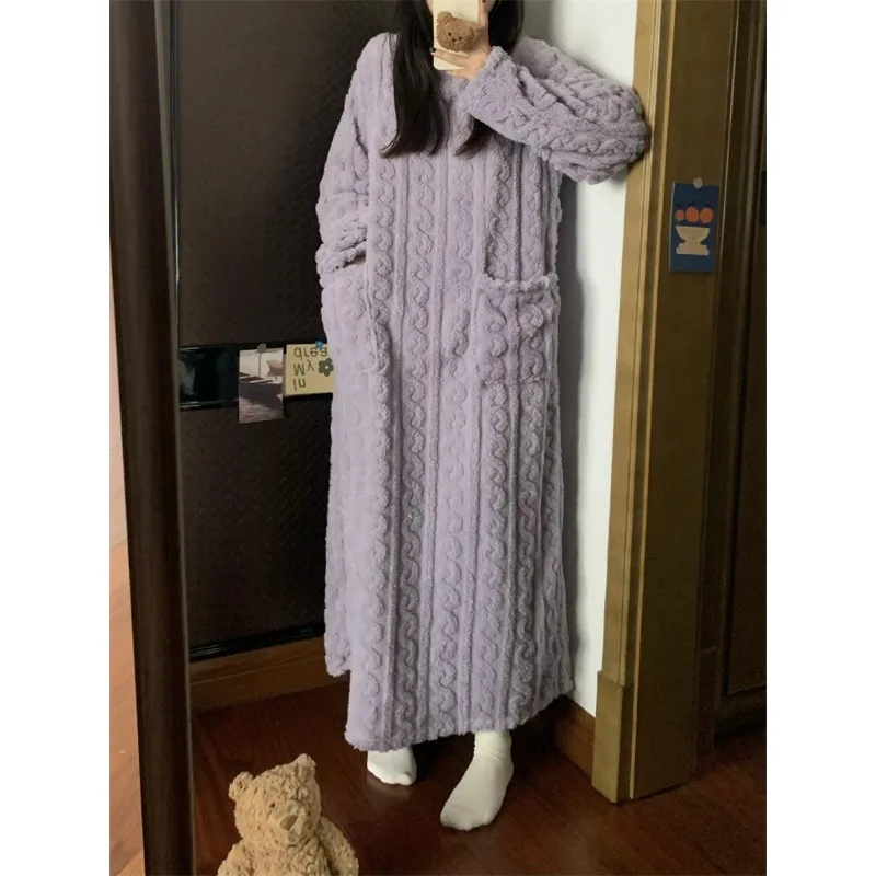 2024 Autumn Women clothes Soft Glutinous Mid-Length Thickened Warm Loose Coral Fleece Homewear Pajamas Solid Nightgown