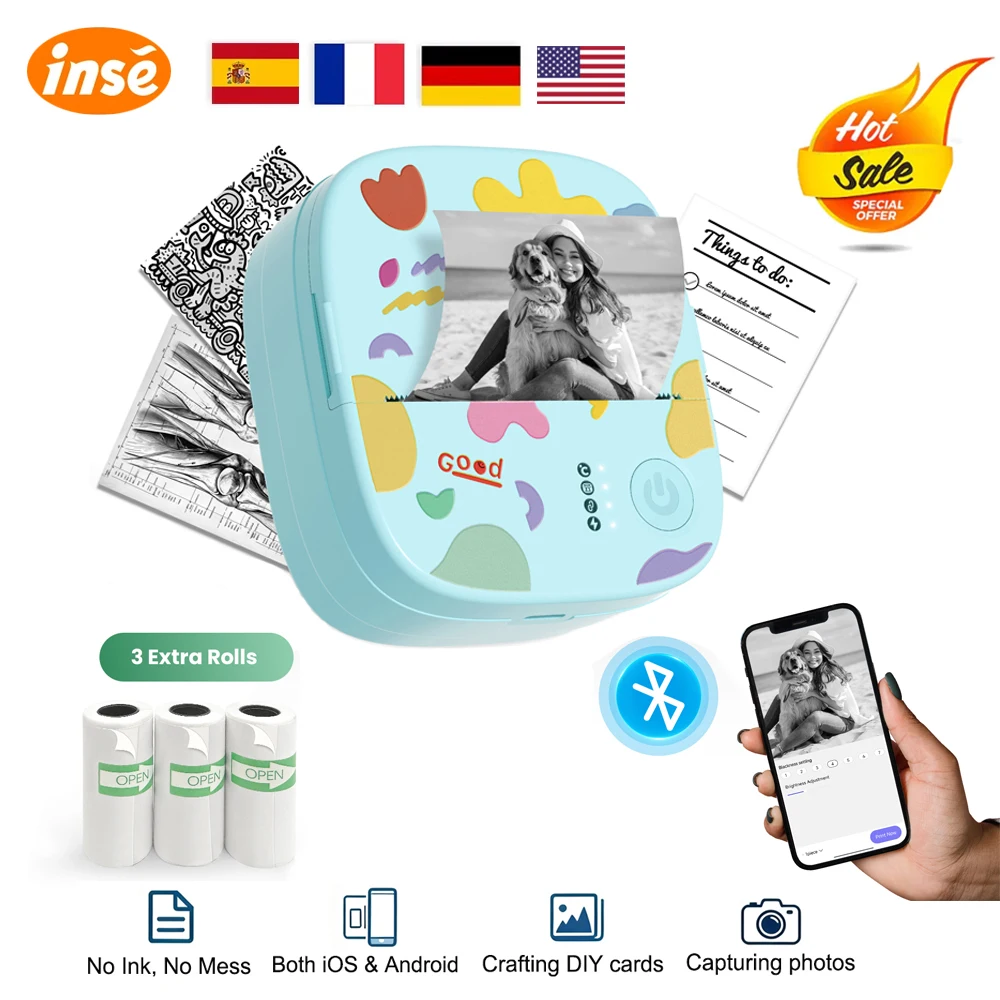 Tragbarer Mini-Thermodrucker, kabelloser BT-Taschen-Etikettendrucker, tintenloser Printpod-Aufkleberdrucker, Fotodruck mit 3 Rollen Papier