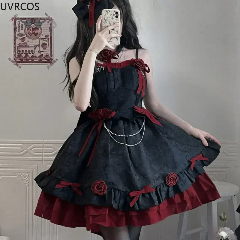 Victorian Dark Gothic Lolita Jsk Dress Women Vintage Elegant Rose Flower Bow Princess Strap Dresses Girls Sweet Tea Party Dress