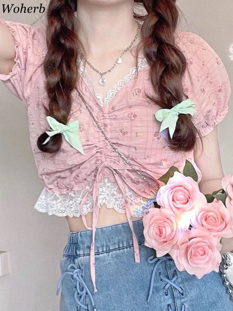 2024 Blusas Mujer De Moda Sweet Summer Blouse for Women V Neck Puff Sleeve Patchwork Lace Shirts Drawstring Printing Crop Tops