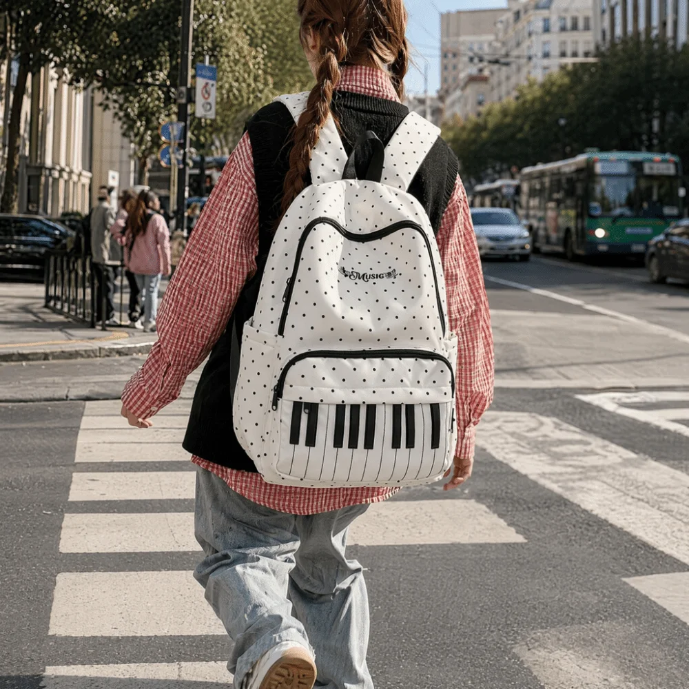 Trendy Nylon Polka Dot Print Backpack Color-blocked Cute Large Capacity School Bag Durable Preppy Style Piano Key Backpack Daily