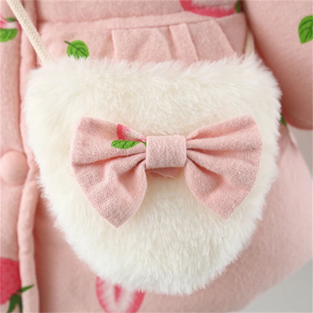 Winter Girl Baby Padded Cotton Jacket For Children 2/Piece Strawberry Hooded Warm Cotton Jacket+Bag