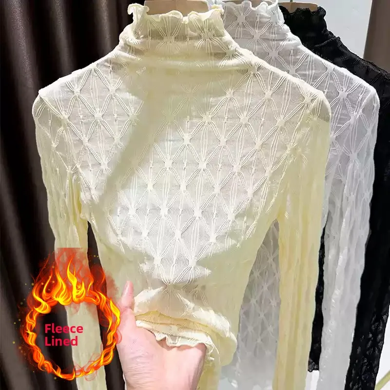 

aceful Diamond Pattern Women's High Collar Long Sve Lace Base irt Thin Top Inner Wear T-irt for Autumn Winter