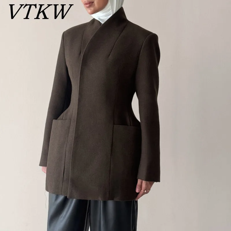 

VTKW женский коричневый блейзер с воротником-стойкой весна 2025 года, приталенный пиджак с длинными рукавами, официальная офисная верхняя одежда, повседневная рабочая одежда, куртки