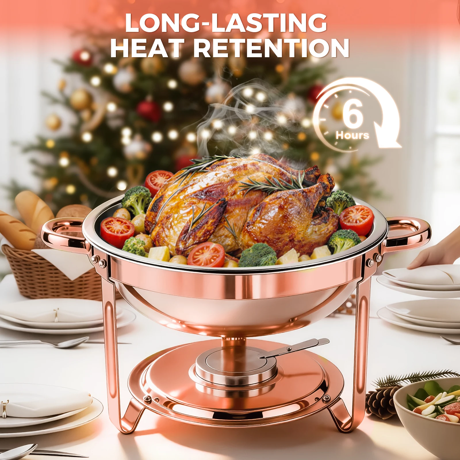 Chafing Dish Set Gold-Plated 5QT Round Warmer Server Stainless Steel 316 with Glass Lids – Premium Buffet & Hot Pot Serving for Parties Buffets Weddings Birthdays 1/2/4/6 Pack