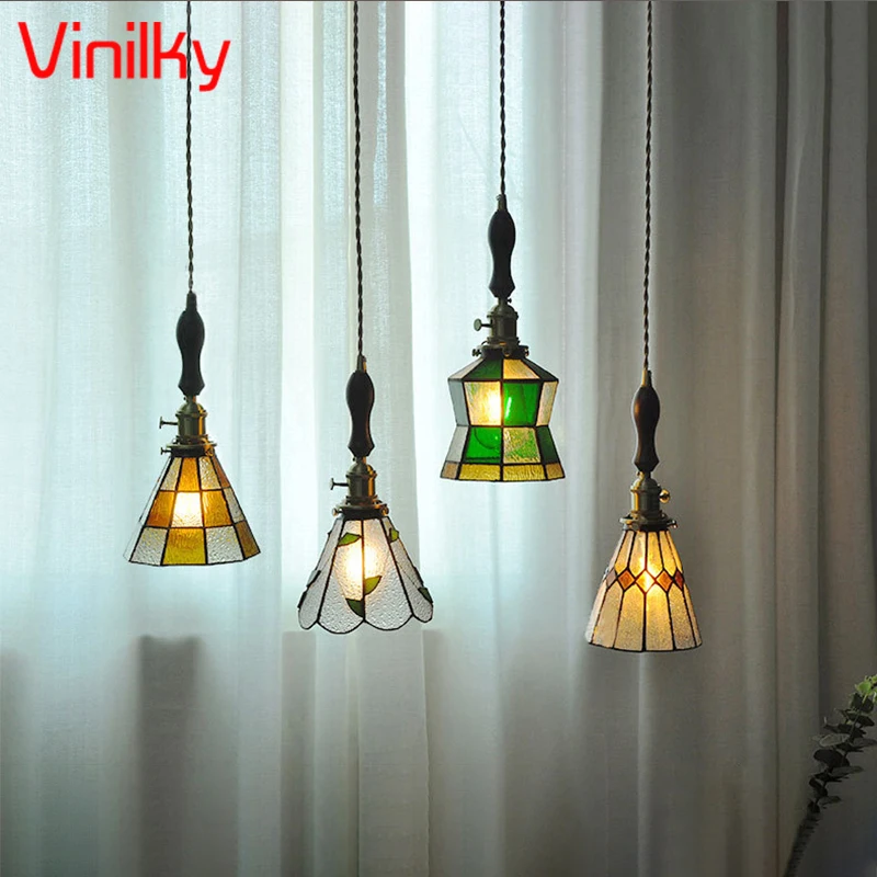 

Retro Pastoral Stained Glass Pendant Lights Nordic Homestay Bedside Bedroom Bar Bay Window Restaurant Small Chandelier Lamps