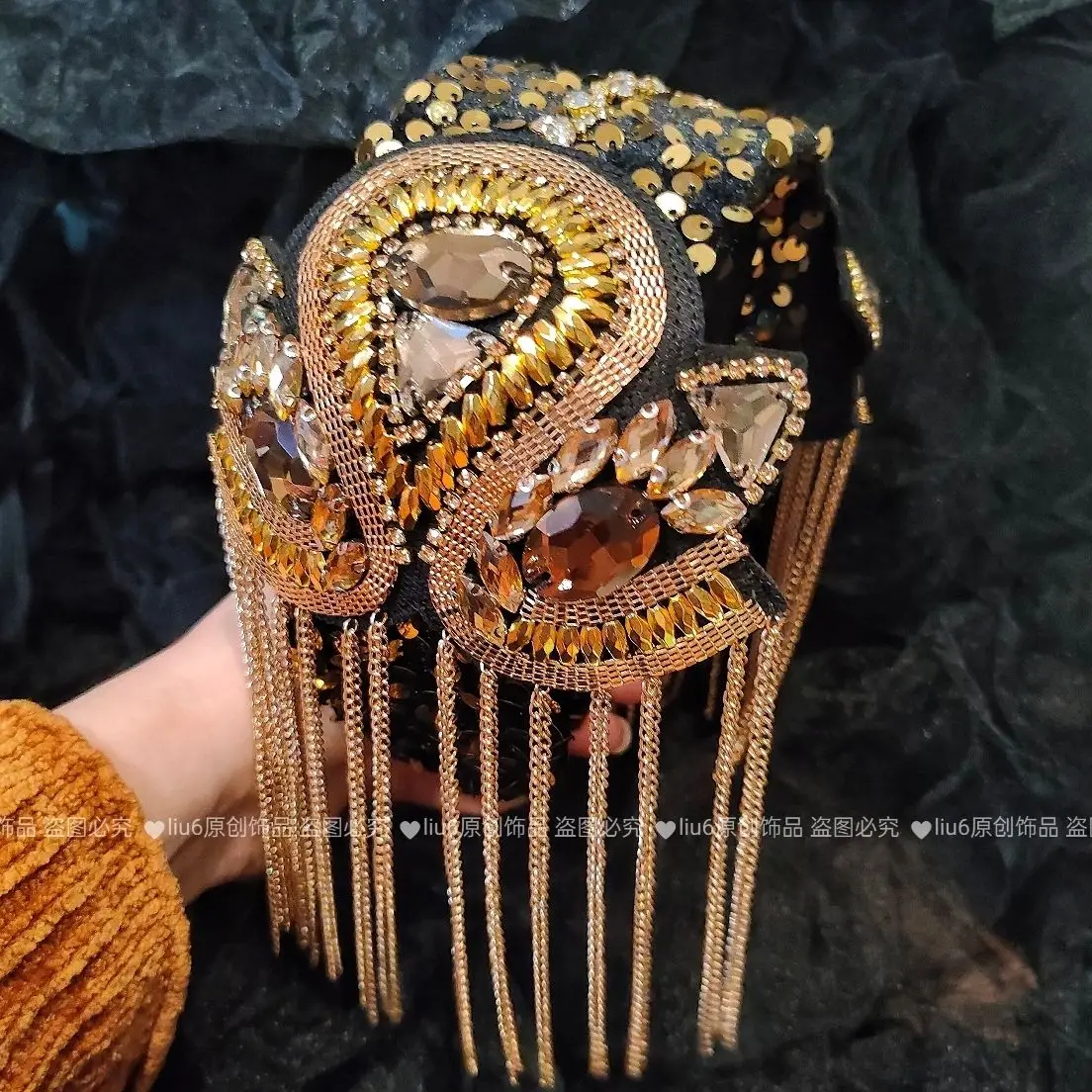 

Original Heavy Industry Palace Royal Family Golden Rhinestone Tassel High Cranium Top Wide Edge Headband