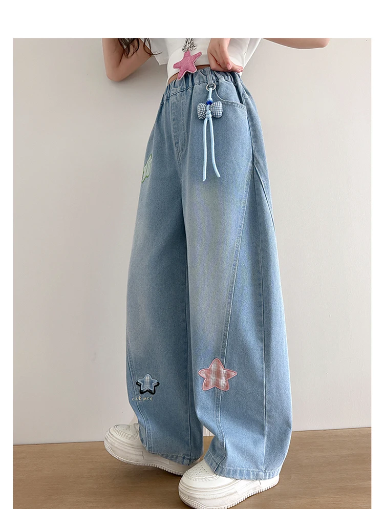 Neue Trendige Kinder-Jeans mit Anhänger für Teenager-Mädchen, Modische Street-Denim-Hosen, Kinder-Trendjeans 5-14 Jahre – Detail 2