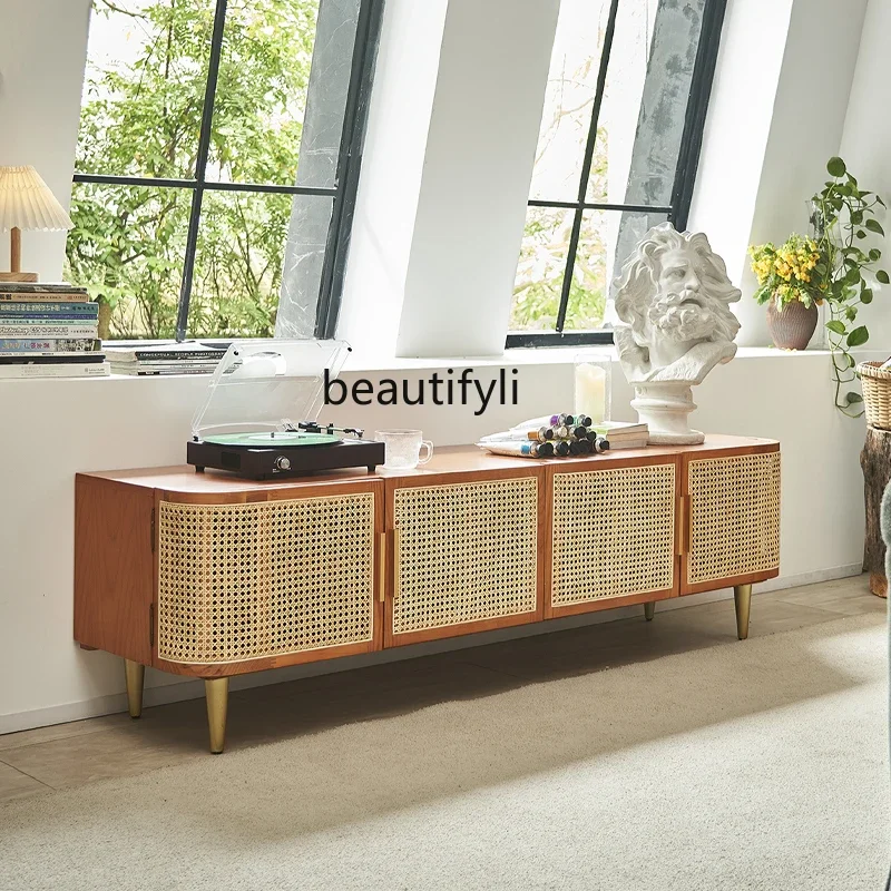 

Nordic ash wood TV cabinet rattan wall cabinet solid wood creative retro small apartment storage cabinet Japanese-style homestay
