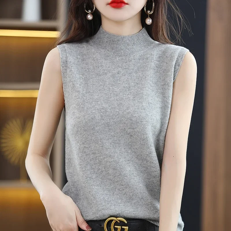 Women Sweater Casual Warm Spring Autumn Bottoming Shirts Mock Neck Basic Knitwear Sleeveless Pullovers Korean Fashion Jumper