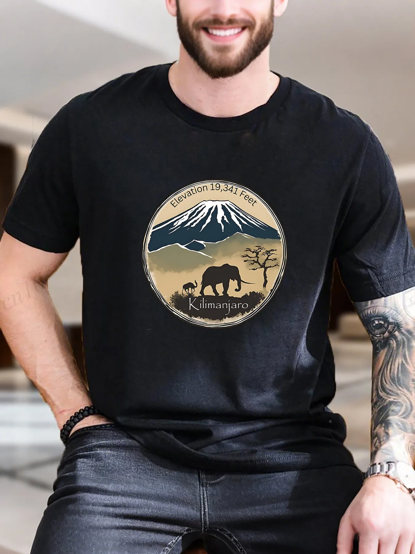 

Мужская футболка с коротким рукавом с принтом — дизайн Arafed Elephant Mountain Tree, 100% хлопок, дышащая и удобная, повседневная повседневная одежда