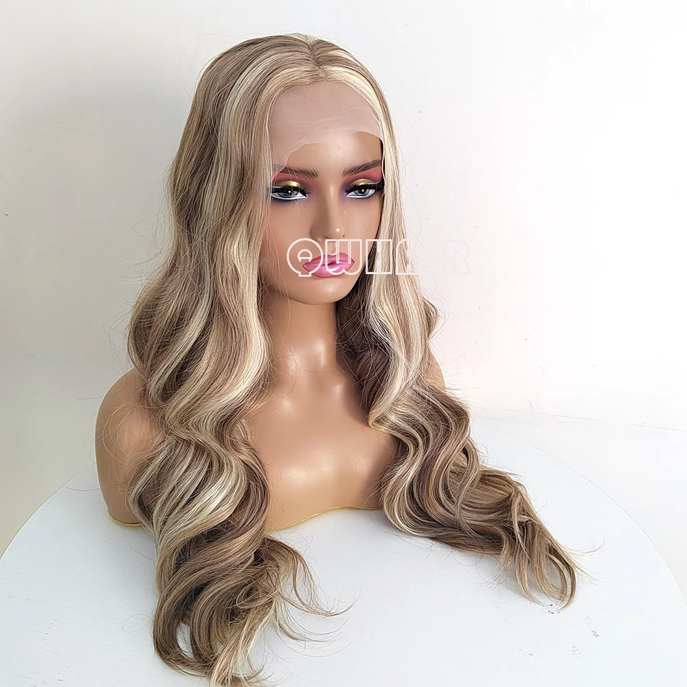 QW Wavy Hair Blonde Highlights Body Wave Synthetic Lace Front Wigs for Women  Frontal Wigs Cosplay Glueless Heat Resistant Fiber