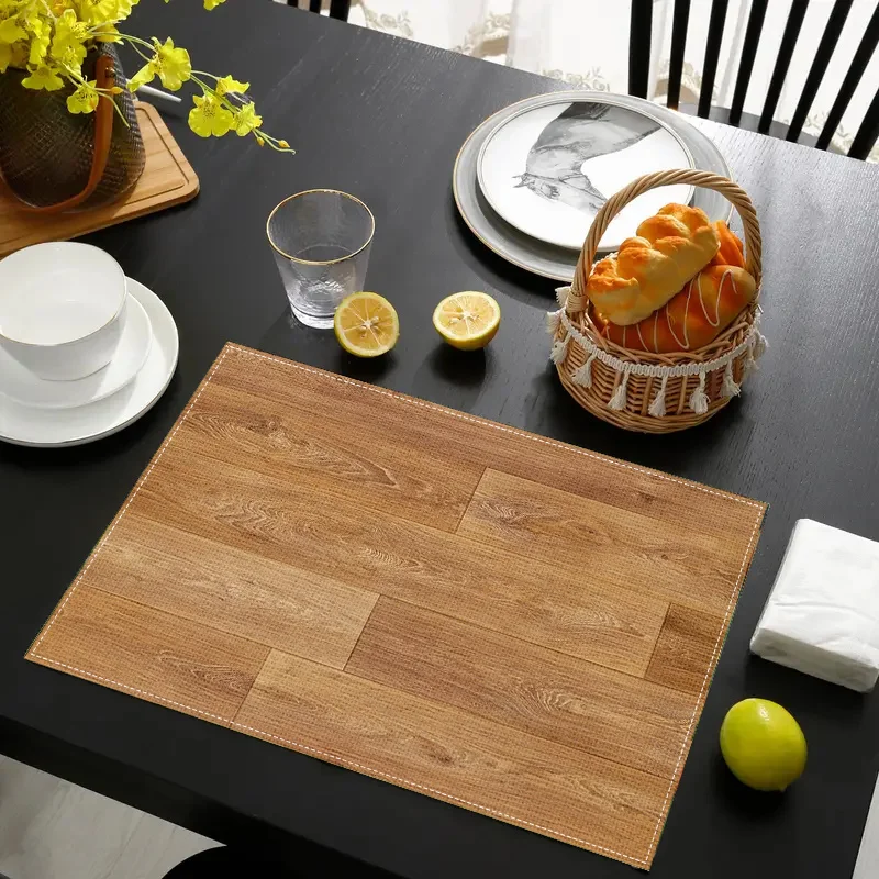 

VIKAMA 4/6pcs Light Luxury Wood Grain Texture Linen Placemat Waterproof Oil Resistant Easy to Clean Dining Table Decoration