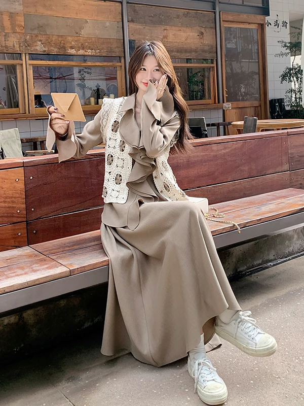 

Женский комплект Ele: блузка и юбка с кружевной отделкой, длинный рукав, высокая талия, осенний модный корейский повседневный костюм-двойка
